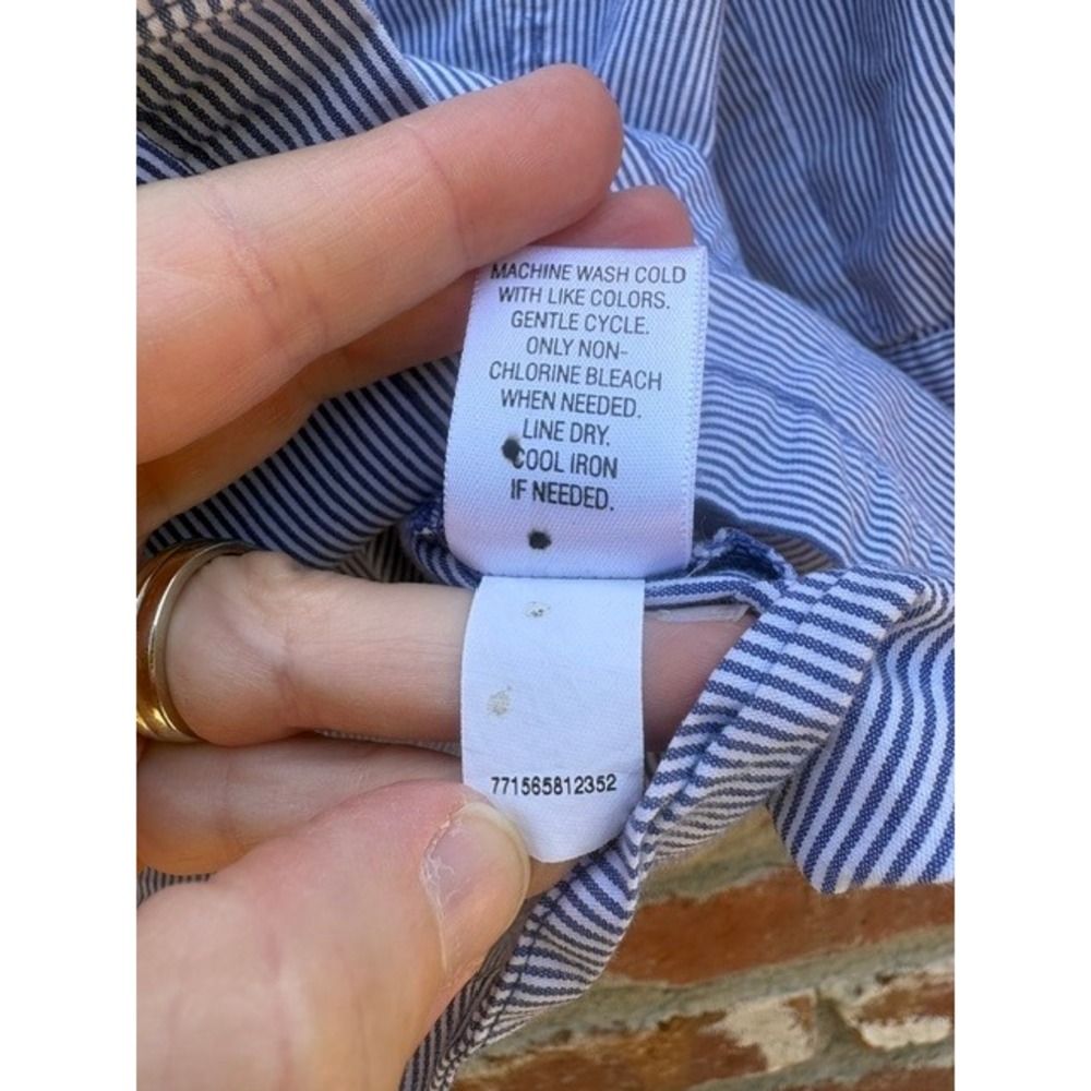 Blue‎ White Striped Button Down Shirt 3/4 Roll Tab Sleeve Stretch Top Large - Picture 3 of 6